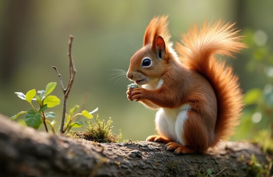 Cute scottish red squirrel eats on mossy forest log. Small wild animal with fluffy tail sits on tree branch in sunlit woods. Furry rodent nibbles green sprout. Nature scene. - Powered by Adobe