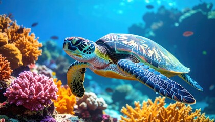 A sea turtle gracefully gliding through a vibrant coral reef, symbolizing marine conservation, summer vacation in tropical oceans like Maldives or Great Barrier Reef © Juri_Tichonow