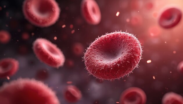 Microscopic view of red blood cells floating in human bloodstream. Detailed erythrocytes with textured surface moving through plasma. Medical science illustration for cellular biology, healthy blood,
