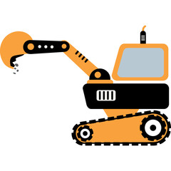 Orange and black excavator with tracks and bucket digging on a transparent background