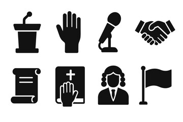 Collection Of Silhouette Icons Representing Justice Law Government And Politics With Podium Hand Microphone Handshake Scroll Bible Judge And Flag On Black Background