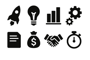 Collection of eight dark gray business and finance icons including a rocket lightbulb graph gears document money bag handshake and stopwatch on a plain white background