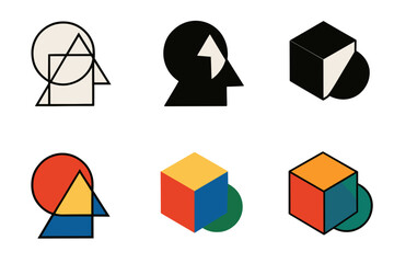 Abstract Geometric Shapes and Silhouettes with Cubes and Circles in Beige Black Red Yellow Blue and Green Tones Against a Black Background