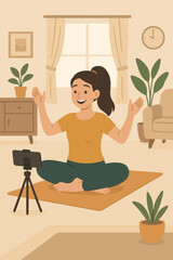Smiling Young Woman With Ponytail In Yellow T Shirt And Green Pants Sitting Cross Legged On Yoga Mat Recording Content On Smartphone Mounted On Tripod In Bright Living Room With Plants And Clock On