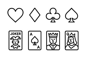 Set of playing card suits and royalty symbols outlined in black on a white background