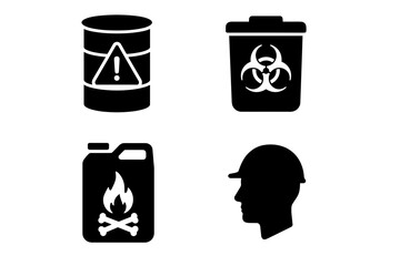 Set of Four Black Icons Representing Hazardous Materials Safety and Personal Protective Equipment on a White Background Symbolizing Danger Warning Biohazard Flammable Liquid and Hard Hat Safety Gear