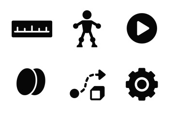 Collection of Six Black Icons Including A Bar Chart A Person A Play Button A Gear A Strategy Diagram And Two Circles On A Black Background