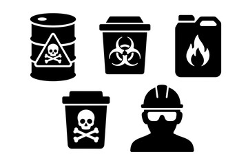 Collection of Hazardous Material Symbols Including Skull And Crossbones Biohazard Warning Sign And Flammable Liquid Container With Safety Worker Icon And Hard Hat