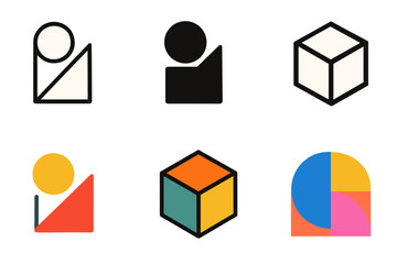 Abstract Geometric Shapes Composition with Circles Squares and Arches in Various Color Palettes on Black Background