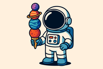 Pixelated Astronaut in White Suit Holding a Planets Ice Cream Cone with Blue and Orange Accents Against a Creamy Background