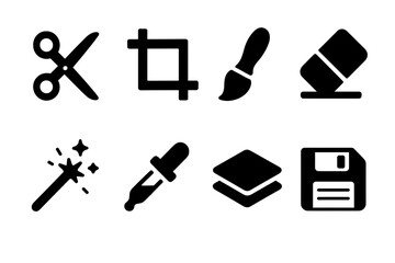 Collection of eight black and white graphic design icons featuring scissors crop tool paintbrush eraser magic wand eyedropper layer stack and floppy disk on a white background
