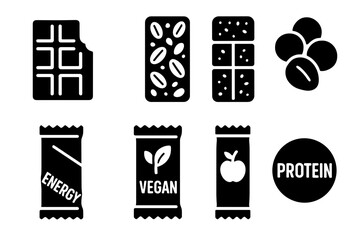Collection of dark silhouette icons representing healthy food snacks including chocolate bars energy bars vegan bars and protein supplements with coffee beans isolated on white background studio shot