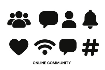 Collection Of Social Media Icons In Black With White Text Online Community In The Center Isolated On Black Background Minimalist Design