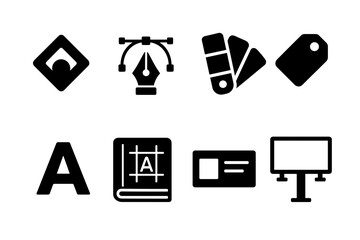 Set of Black Graphic Design Icons Including A Book And A Billboard Against A White Background