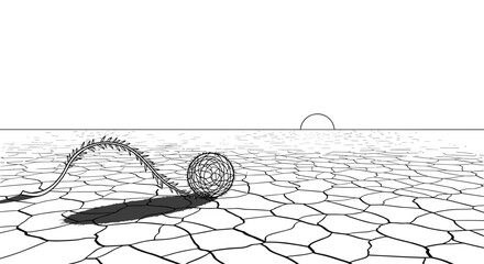 Dramatic tumbleweed rolling across cracked desert landscape under scorching sun, conveying desolation and resilience in stark monochrome