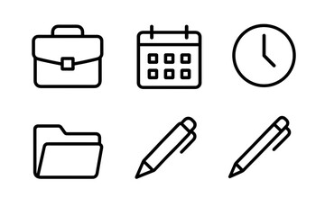 Collection of Business Icons Including Briefcase Calendar Clock Folder and Pens on White Background Simple Outline Style Representing Organization Planning and Time Management
