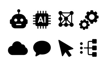 Collection of Black Icons Representing Artificial Intelligence Machine Learning Cloud Computing Communication and Data Processing on a White Background