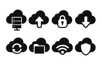 Set of black cloud computing icons including server database upload download lock refresh folder wifi and shield security on a white background for digital technology concepts