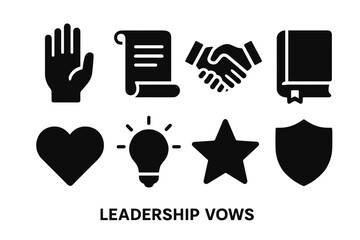 Collection of leadership vows icons including hand scroll handshake book heart light bulb star and shield on black background with text leadership vows