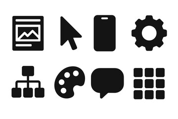 Collection of eight dark grey interface icons representing web design graphics creation mobile phone settings organization color palette communication and application grid on black background