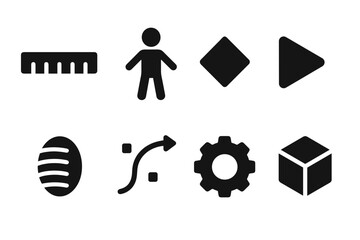Set of eight simple gray icons including a ruler person diamond play button abstract shape cogwheel and cube on black background