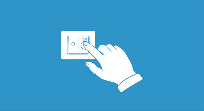 Turn on the light with a finger pressing the switch in a minimalist style illustration against a bright blue background for energy concepts