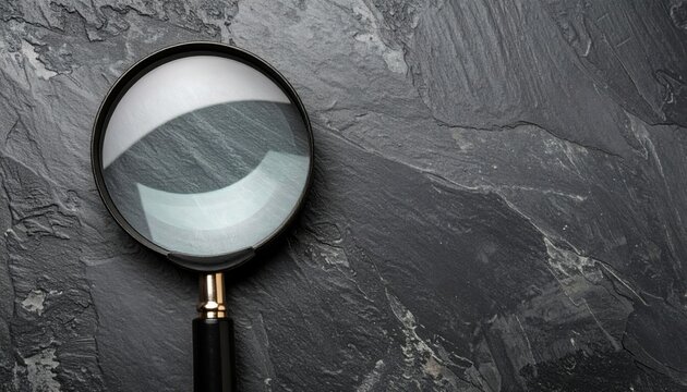 Flat lay photo of magnifying glass on slate surface representing themes of research detail discovery investigation clarity and focus in creative presentations