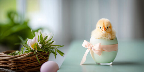 Eaaster Baby chick sitting in a pastel mint egg with spring flowers on a table  