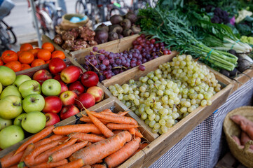 Table full of fruits and vegetables including apples, grapes, and carrots