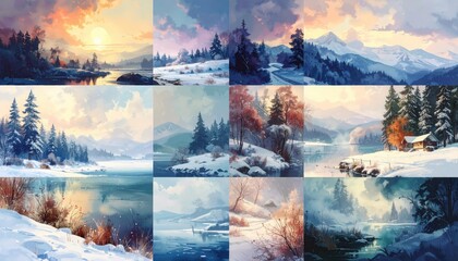 Collection of winter landscapes showing mountains, lakes, snowy forests, and rivers at sunrise and sunset across Europe capturing seasonal tranquility and painterly atmospheric light