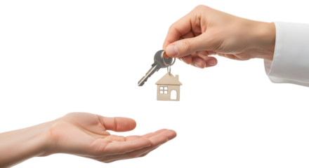 Real estate agent's hand giving house keys to a new homeowner. Isolated on transparent background, png