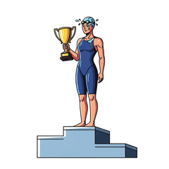 A female athlete in swimwear standing proudly with a trophy, wet goggles and suit reflecting light