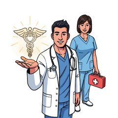 A proud doctor lifting one hand showing a bright health icon, with a supportive nurse holding a first aid box beside