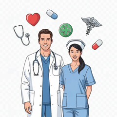 A caring medical duo of doctor and nurse posing together with glowing healthcare icons drifting around them