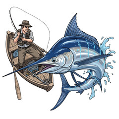 A lone fisherman balancing on a rustic wooden boat, battling a legendary blue marlin