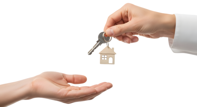 Real estate agent's hand giving house keys to a new homeowner. Isolated on transparent background, png