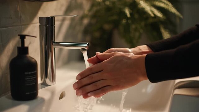 黒トップ女性の手洗いシーン清潔感