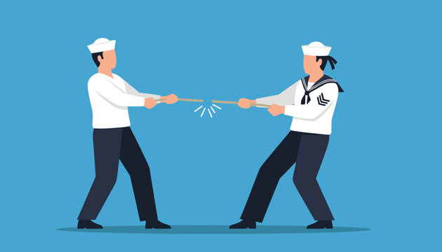 Determined sailors locked in intense tug of war, rope strained to breaking point, symbolizing competition and conflict resolution