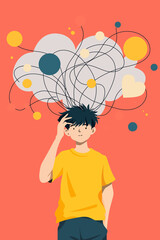 Colorful illustration of a boy with tangled thoughts above his head, symbolizing overthinking, mental health, emotions, and self-reflection in a modern cartoon style.