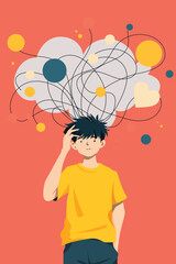Colorful illustration of a boy with tangled thoughts above his head, symbolizing overthinking, mental health, emotions, and self-reflection in a modern cartoon style.