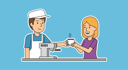 Friendly barista hands steaming coffee cup to smiling customer at counter with espresso machine