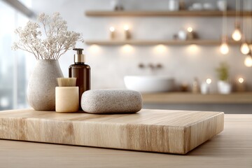 Spa accessories on wooden surface in bright bathroom setting