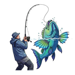 A stylish angler hauling in a glowing giant fish from the dark waters, its fins shimmering vividly