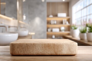 Wooden display block in a bright modern bathroom setting background