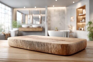Wooden surface foreground with blurred modern bathroom background setting