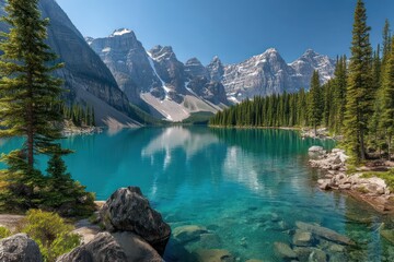Bright turquoise alpine lake reflects snow capped mountains and dense evergreen forest.