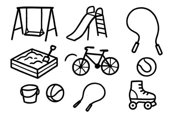 Collection of Hand Drawn Children's Playground and Outdoor Activity Icons Featuring a Swing Set Slide Sandbox Bicycle Jump Rope Balls and Roller Skates in Black Outline on a White Background