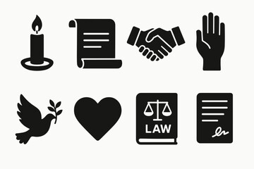 Collection of Black Icons Representing Peace Love Justice And Hope Isolated On White Background