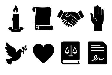 Collection of Silhouette Icons Representing Peace Love Justice Hope and Agreement on a White Background