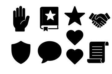 Collection of Black Silhouette Icons Representing Hand Book Star Handshake Shield Speech Bubble Hearts and Scroll on White Background